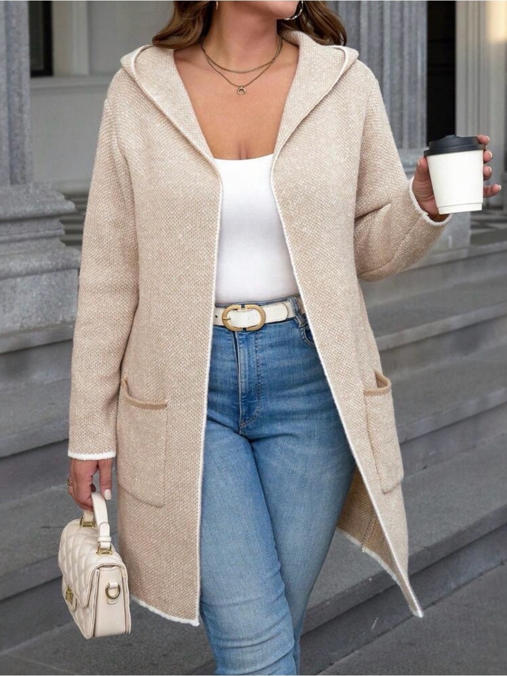NWOT Beige Cream Hooded Open-Front Long Cardigan